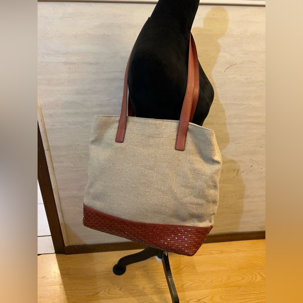 Talbots Linen and Woven Leather Tote Bag. - Picture 2 of 14
